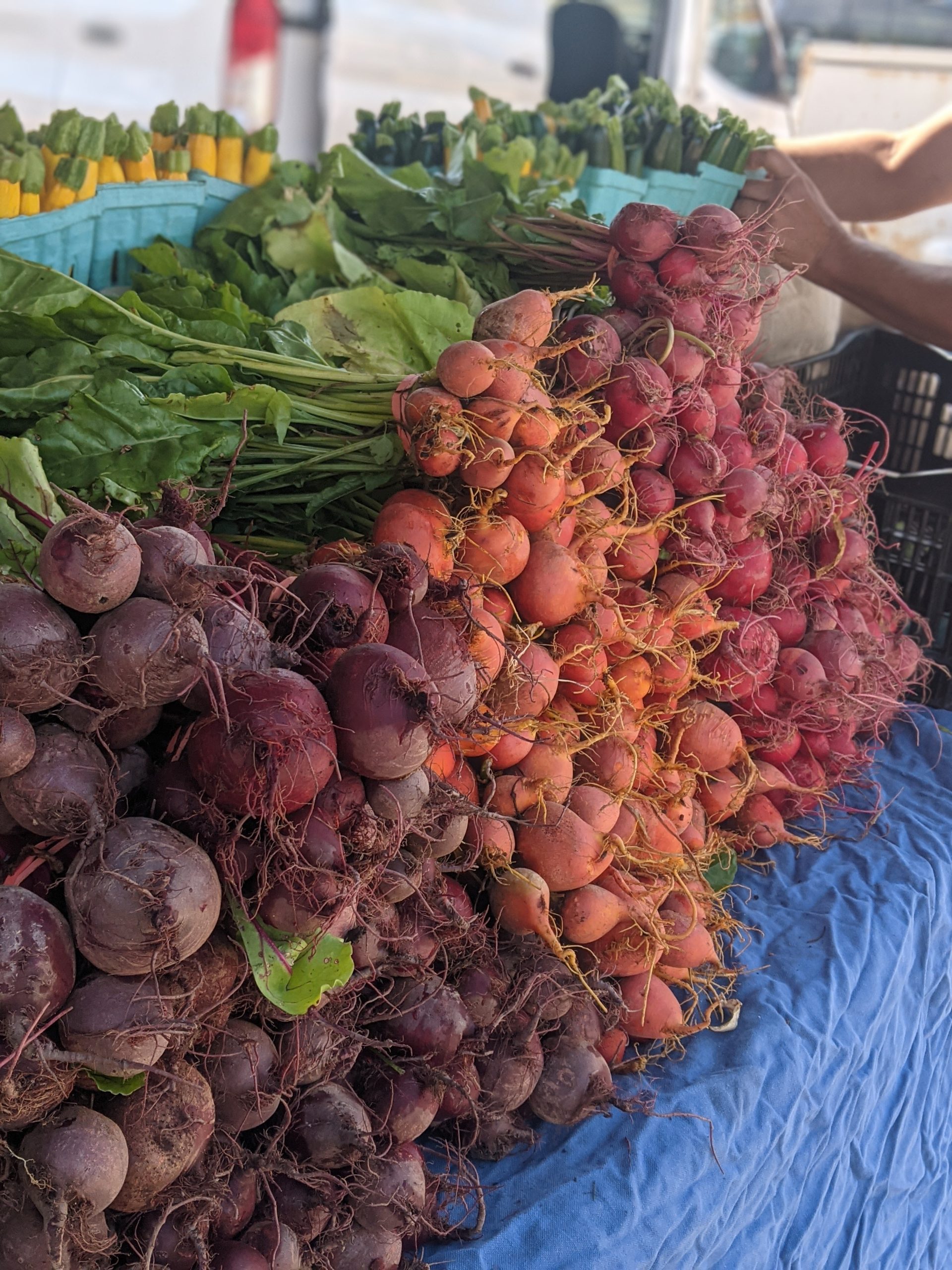 Purple, orange, and red beets neatly stacked up for sale at the farmers market.