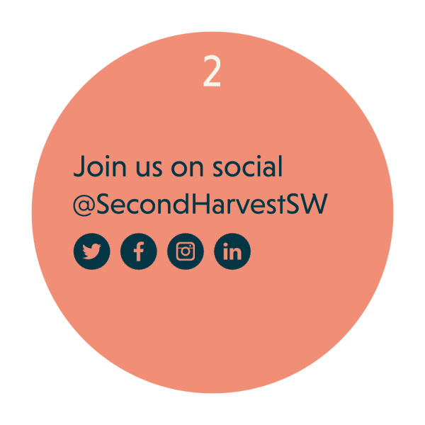 Join us on social @SecondHarvestSW, social icons for twitter, facebook, instagram, and linkedin