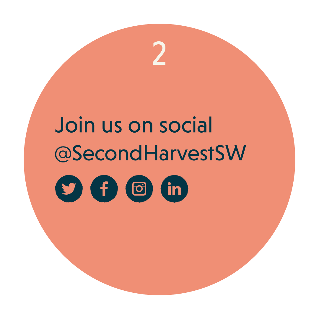 Join us on social @SecondHarvestSW, social icons for twitter, facebook, instagram, and linkedin