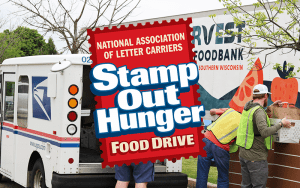 Donated food being unloaded from a mail truck